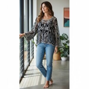 Vivid Importers NY Womens Top L Black Ivory Sheer‎ Embroidered Lace Whimsigoth